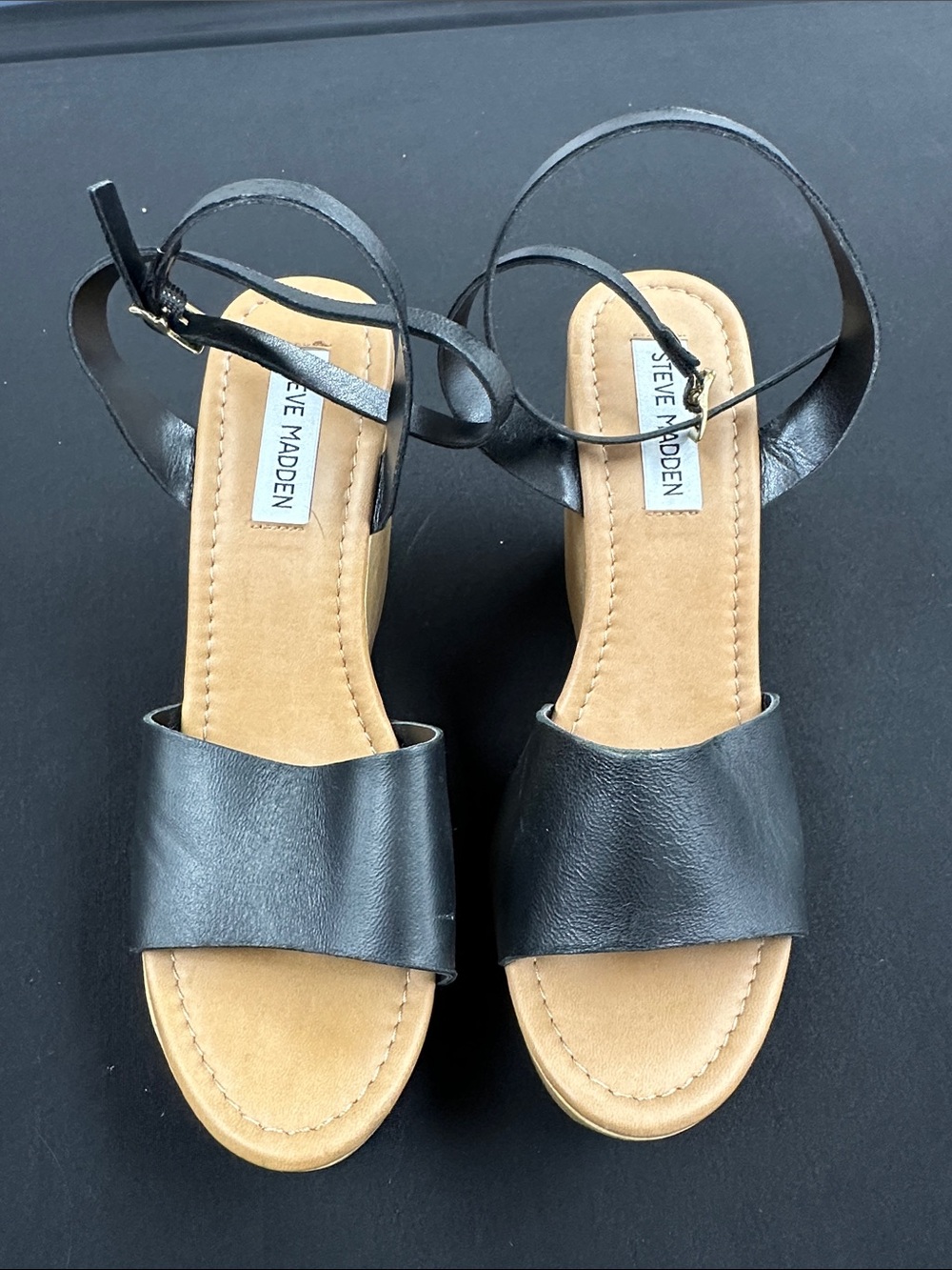 Steve Madden Black Leather Ankle-Strap Sandals with Tan Footbed